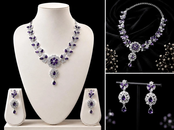 ELEGANT FLORAL AMERICAN DIAMOND NECKLACE SET - Purple, Blue