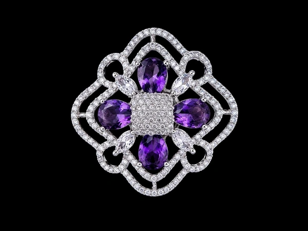 American Diamond Purple Floral Finger Ring - Adjustable, Purple