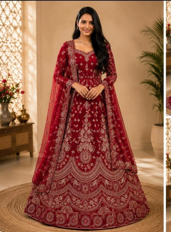 DESIGNER VELVET WEDDING LEHENGA - Red