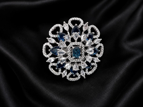 ROYAL AMERICAN DIAMOND FLORAL FINGER RING - Adjustable, Blue, Green