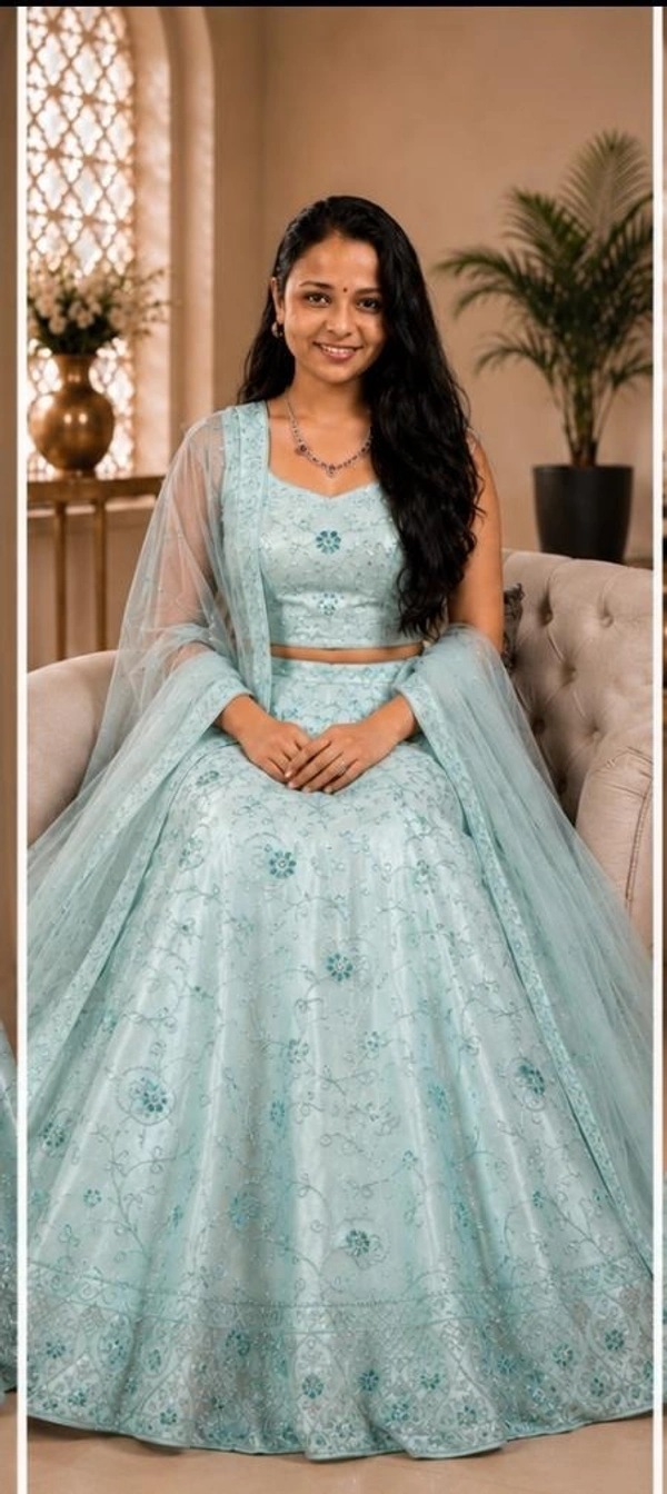 AQUA BLUE SHADE FLORAL DESIGNER LEHANGA - Aqua Blue