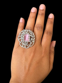 LUXURY FLORAL AMERICAN DIAMOND FINGER RING - Adjustable, Pink