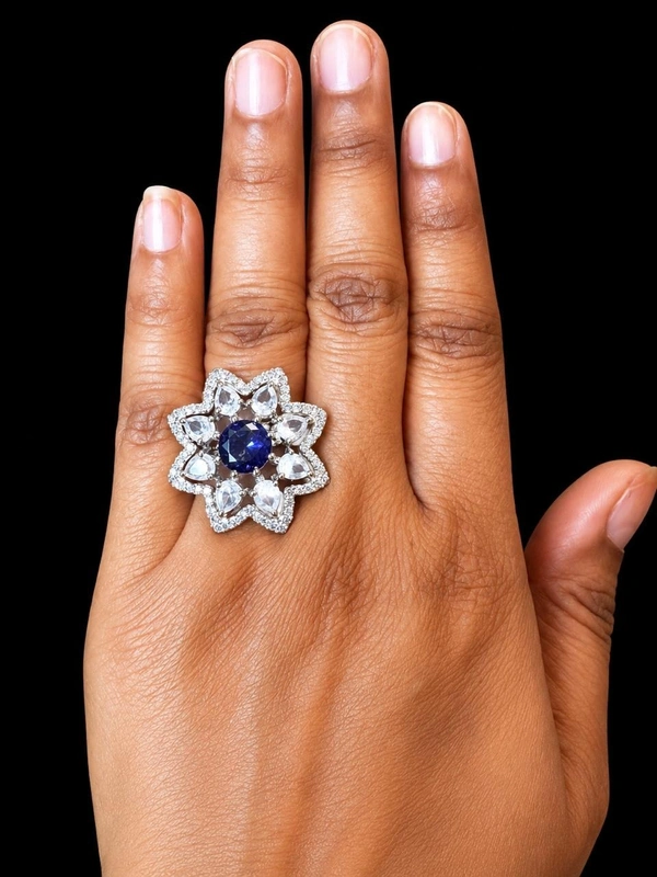 ELEGANT AMERICAN DIAMOND FINGER RING - Adjustable, Saffron, Purple, Mint blue