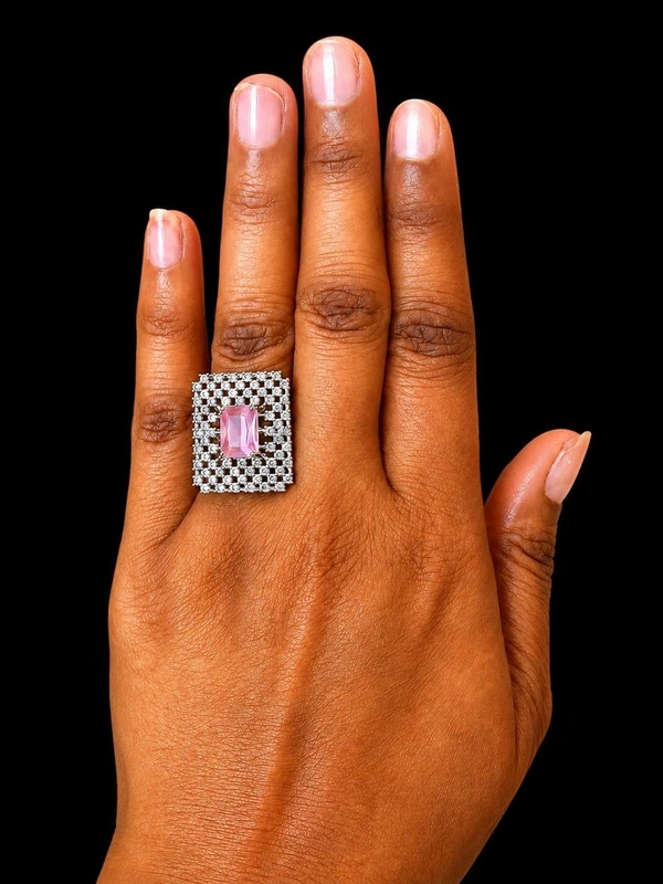 SQUARE AMERICAN DIAMOND FINGER RING - Adjustable, Baby pink, Purple
