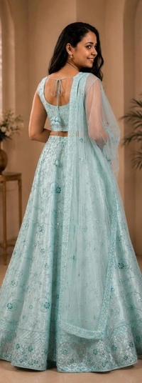 AQUA BLUE SHADE FLORAL DESIGNER LEHANGA - Aqua Blue