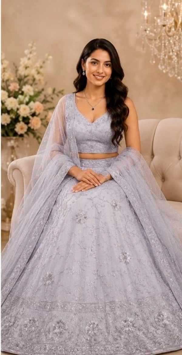 ELEGANT SILVER GREY FLORAL DESIGNER LEHENGA - Silver Grey