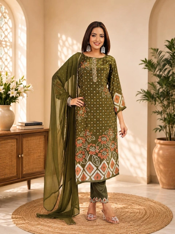 Olive Green Printed Kurta Set For Dupatta - M,L,XL, Green