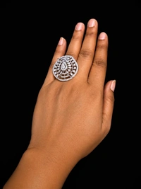 ELEGANT FLORAL AMERICAN DIAMOND FINGER RING - Adjustable, Skyblue, White