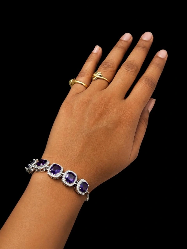 American Diamond Purple Stone Designer Adjustable Chain Bracelet - Adjustable, Purple