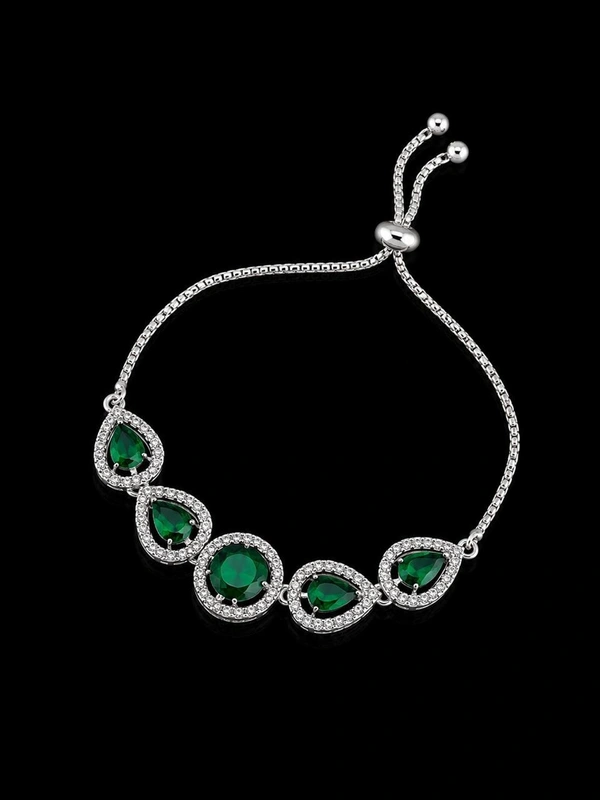 American Diamond Green Stone Designer Adjustable Chain Bracelet - Adjustable, Green