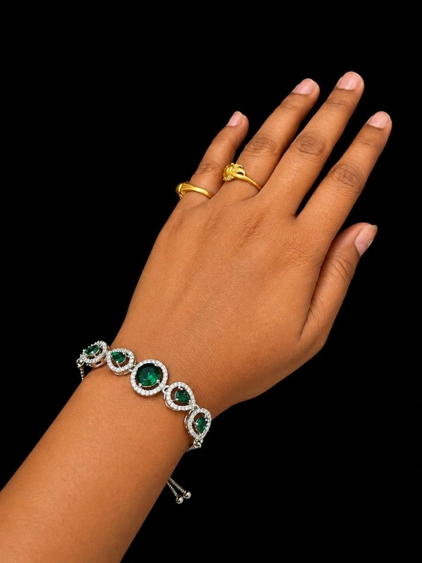 American Diamond Green Stone Designer Adjustable Chain Bracelet - Adjustable, Green