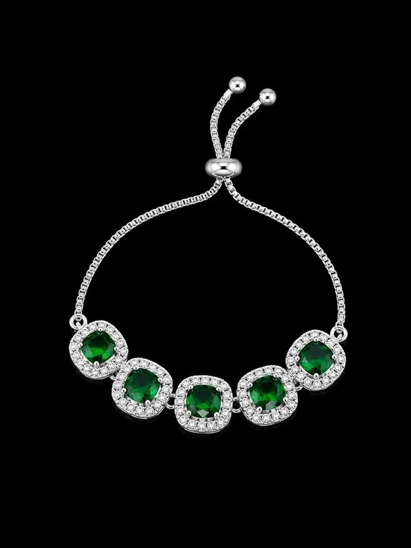 American Diamond Green Stone Designer Adjustable Chain Bracelet - Adjustable, Green