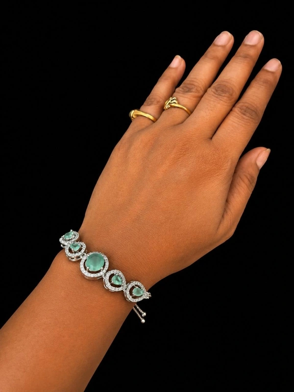 American Diamond Dark Mint Stone Designer Adjustable Chain Bracelet - Adjustable, Dark Mint