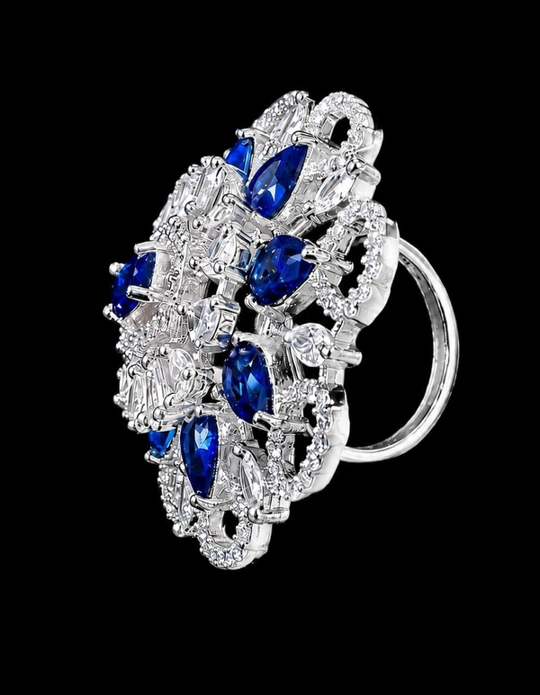 ROYAL AMERICAN DIAMOND FLORAL FINGER RING - Adjustable, Blue, Green