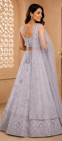 ELEGANT SILVER GREY FLORAL DESIGNER LEHENGA - Silver Grey