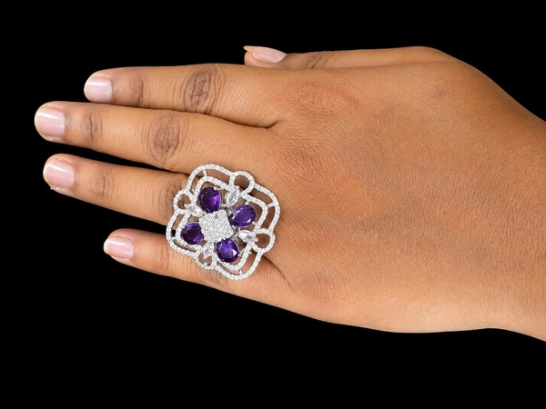 American Diamond Purple Floral Finger Ring - Adjustable, Purple