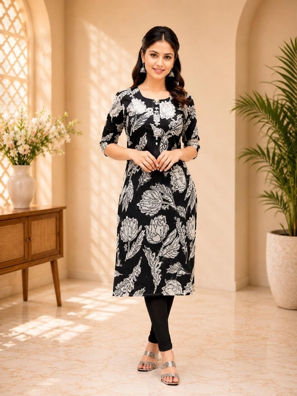 Black And White Floral Printed Kurti - Free Size