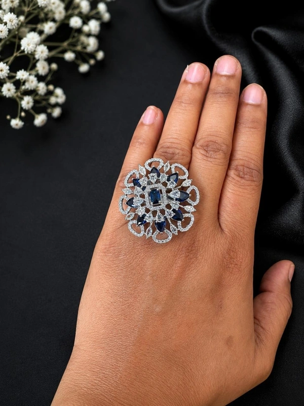 ROYAL AMERICAN DIAMOND FLORAL FINGER RING - Adjustable, Blue, Green