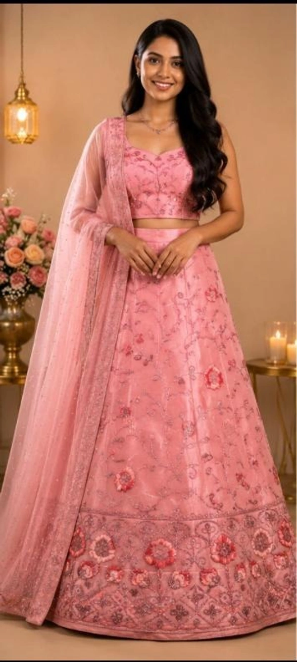 ROSE PINK FLORAL DESIGNER LEHENGA - Rose Pink