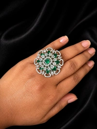 ROYAL AMERICAN DIAMOND FLORAL FINGER RING - Adjustable, Blue, Green