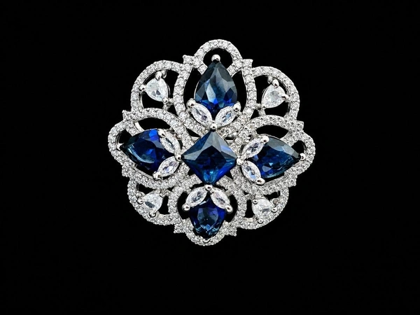 LUXURY FLORAL AMERICAN DIAMOND FINGER RING - Adjustable, Blue, Green