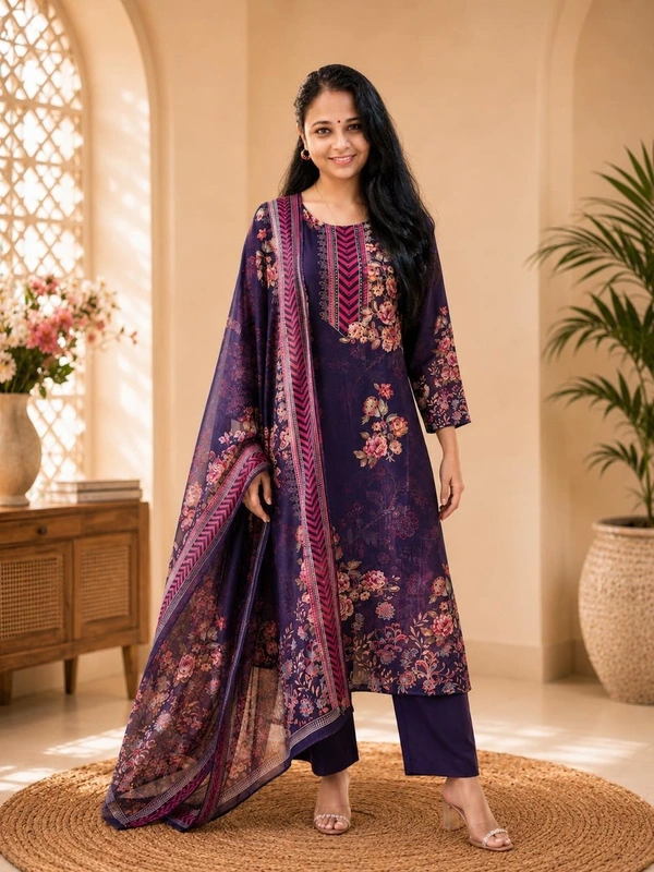 Elegant Purple Floral Printed Kurta Set With Dupatta - M,L,XL,XXL, Purple