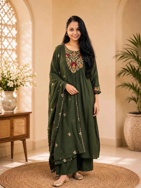 Olive Green Embroidered Kurta Set With Dupatta - S,M,L,XL,XXL, Olive Green