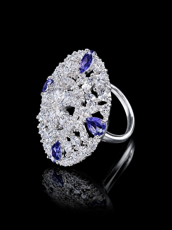 FLORAL AMERICAN DIAMOND FINGER RING - Adjustable, Purple