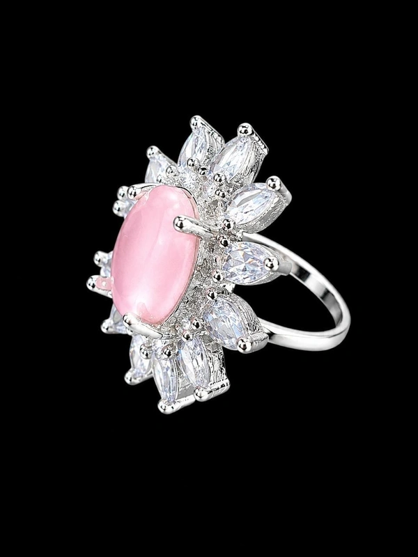 FLORAL AMERICAN DIAMOND FINGER RING - Adjustable, Light pink, Purple