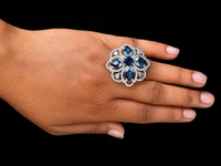 LUXURY FLORAL AMERICAN DIAMOND FINGER RING - Adjustable, Blue, Green