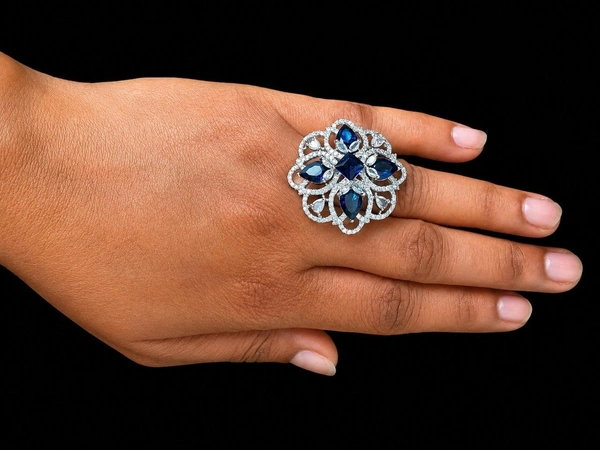 LUXURY FLORAL AMERICAN DIAMOND FINGER RING - Adjustable, Blue, Green