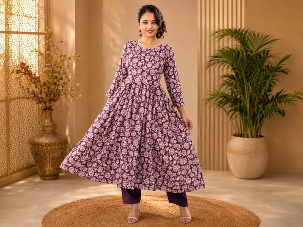 Floral Print Anarkali Kurti - S,M,L,XL,XXL, Purple