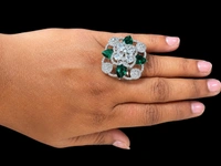 LUXURY FLORAL AMERICAN DIAMOND FINGER RING - Adjustable, Blue, Green