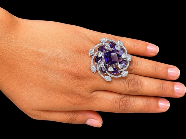 Royal American Diamond Statement Ring - Adjustable, Purple, White