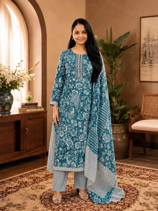 Elegant Teal Floral Printed Kurta Set With Dupatta - M,L,XL,XXL, Teal Blue