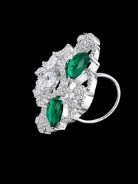 LUXURY FLORAL AMERICAN DIAMOND FINGER RING - Adjustable, Blue, Green