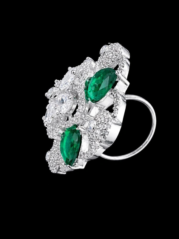 LUXURY FLORAL AMERICAN DIAMOND FINGER RING - Adjustable, Blue, Green