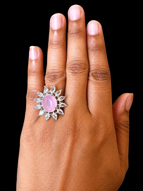 FLORAL AMERICAN DIAMOND FINGER RING - Adjustable, Light pink, Purple