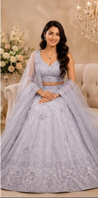 ELEGANT SILVER GREY FLORAL DESIGNER LEHENGA - Silver Grey