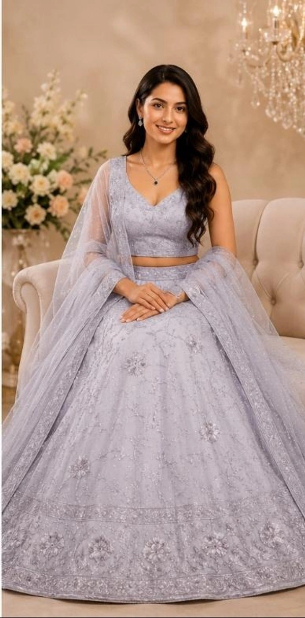 ELEGANT SILVER GREY FLORAL DESIGNER LEHENGA - Silver Grey