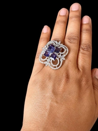 American Diamond Purple Floral Finger Ring - Adjustable, Purple