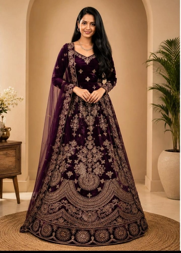 DESIGNER VELVET WEDDING LEHENGA - Purple