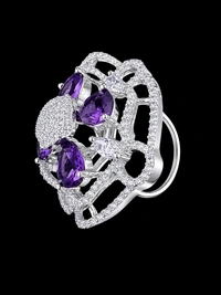 American Diamond Purple Floral Finger Ring - Adjustable, Purple