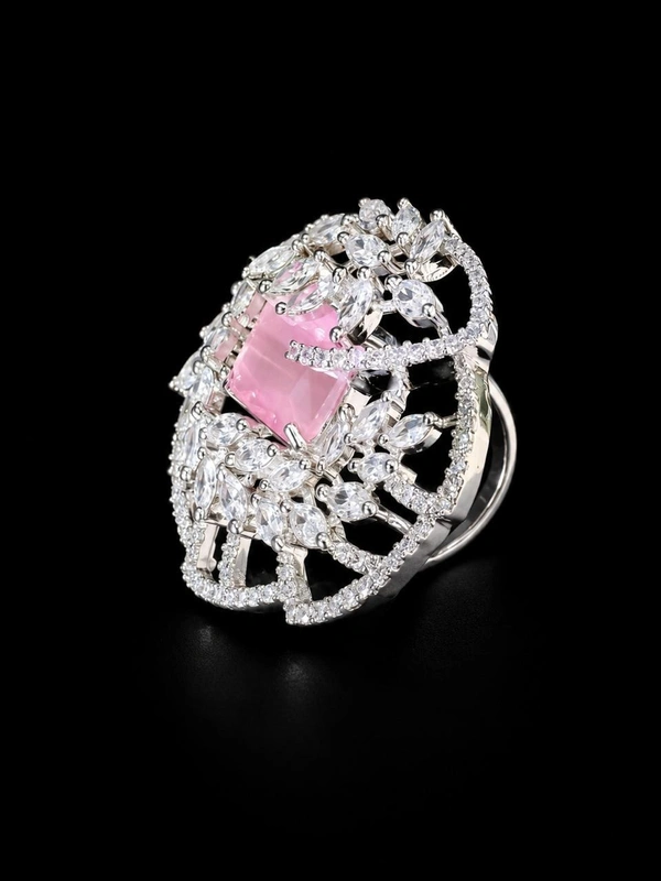 LUXURY FLORAL AMERICAN DIAMOND FINGER RING - Adjustable, Pink