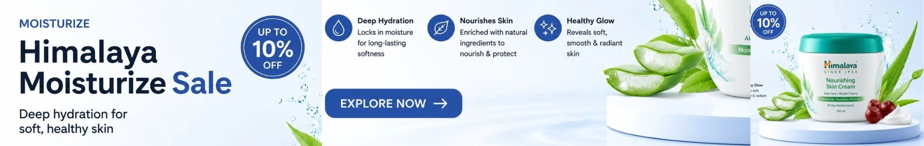 Himalaya Nourishing Skin Cream sale banner with up to 10% off offer featuring aloe vera and winter cherry moisturizing cream for soft and healthy skin.