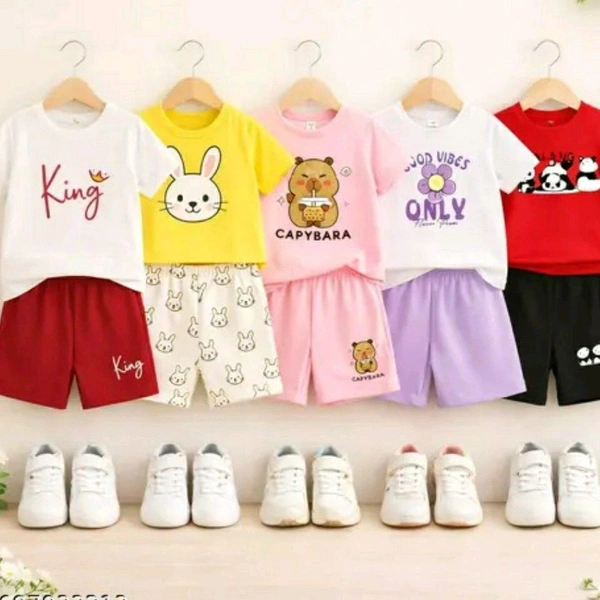 Pack / 5 - Girls Clothing Set | Cute Printed Cotton T-Shirt and Shorts Combo for Kids (Multicolor)