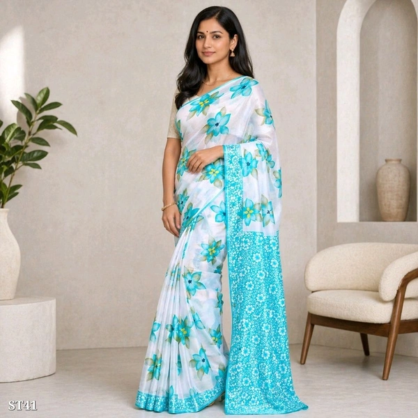 Blue Flower Soft Silk Printed Saree with Blouse Piece