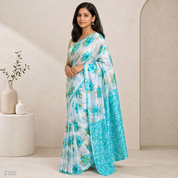 Blue Flower Soft Silk Printed Saree with Blouse Piece