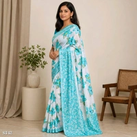 Blue Flower Soft Silk Printed Saree with Blouse Piece