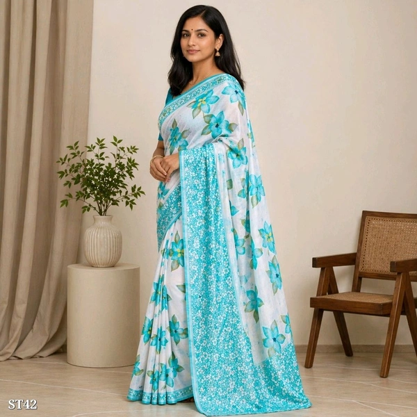Blue Flower Soft Silk Printed Saree with Blouse Piece